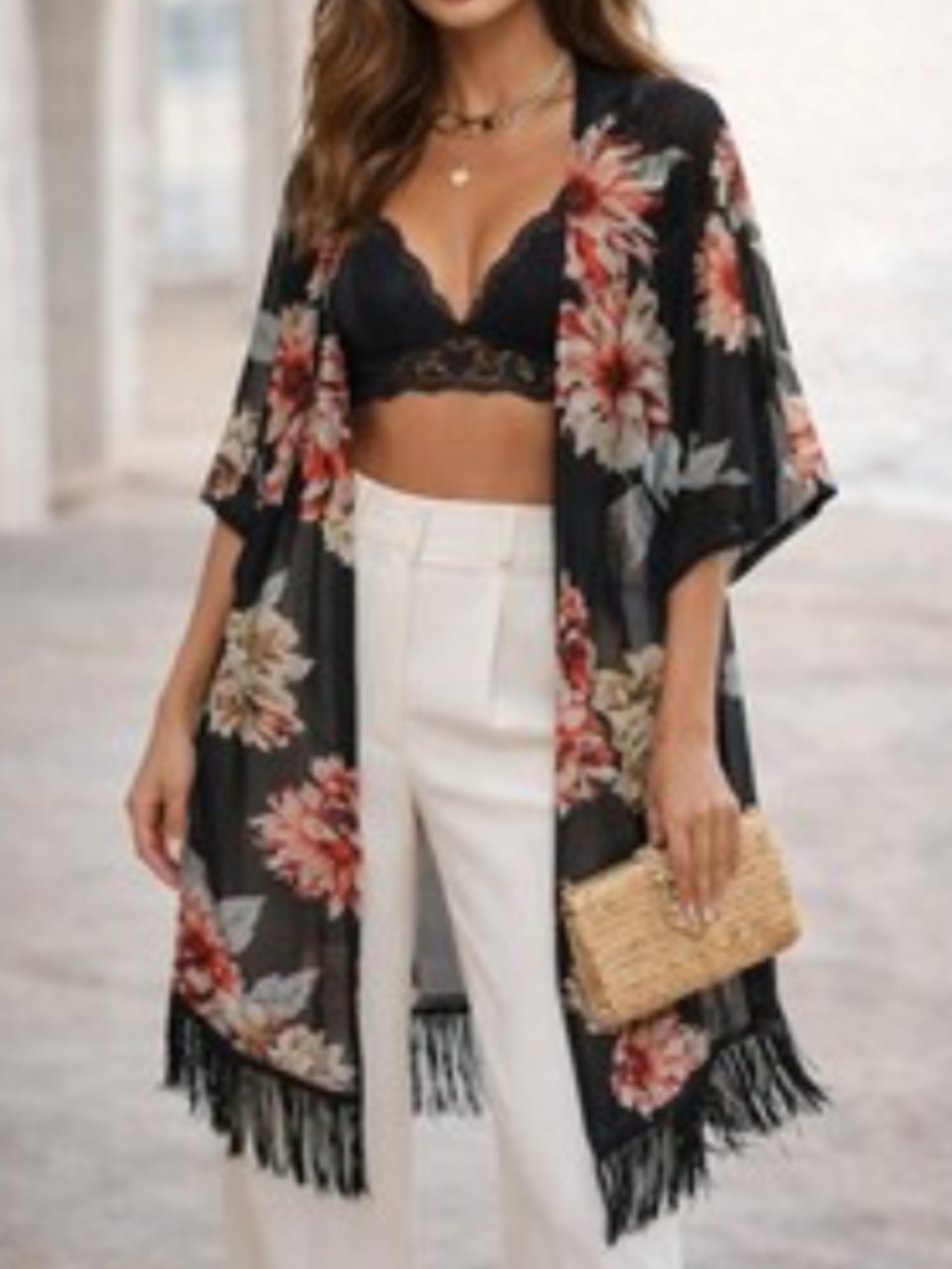 Plus Size 2X Floral Kimono Fringe High Low Sheer Boho Duster NWT Siren Lilly